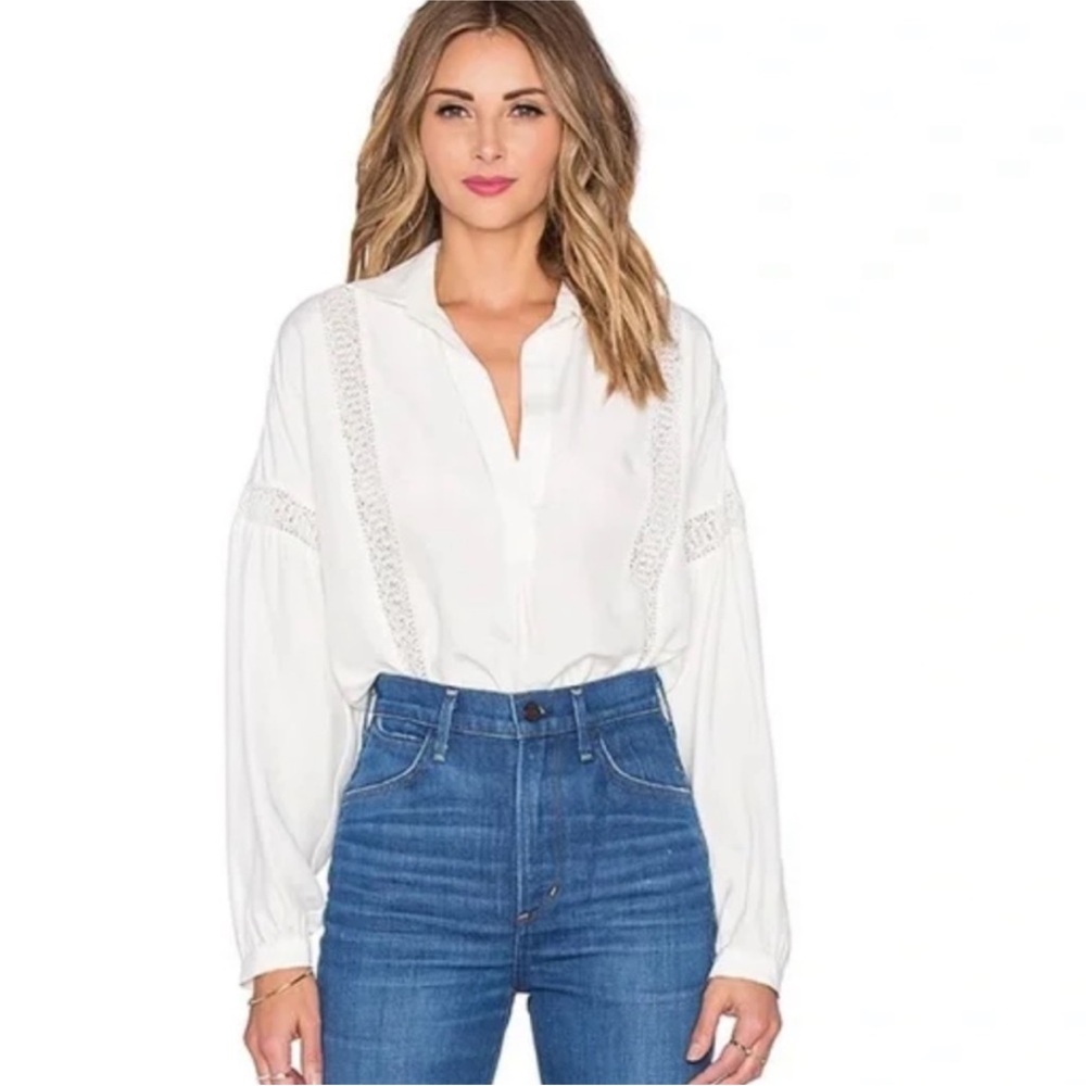 Frame Denim Le Lace Trim Women's Silk Ivory Lace Blouse